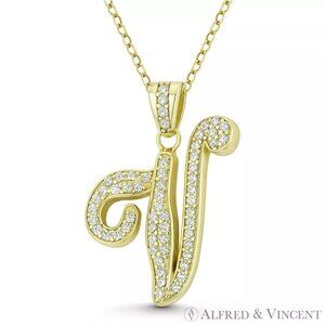 Initial Letter "V" Cursive Script CZ Crystal Pendant in .925 Sterling Silver YG